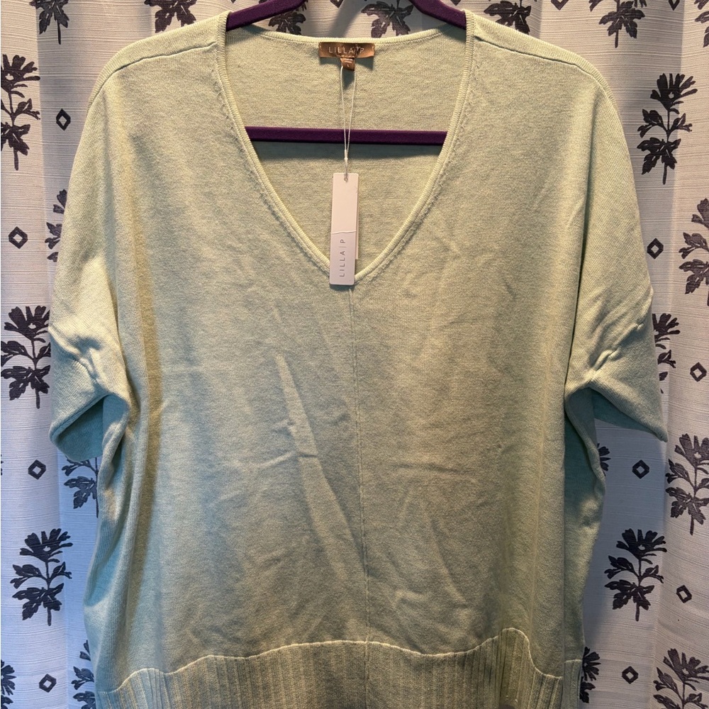 Lilla P Mint Green V-Neck Lightweight Sweater short sleeve LARGE